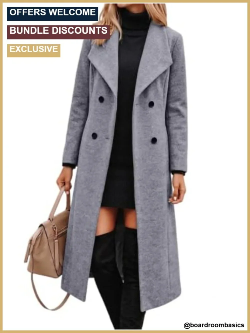 Women's Wool Blended Shawl Collar Double Breasted Long Coat Slim Fit Winter